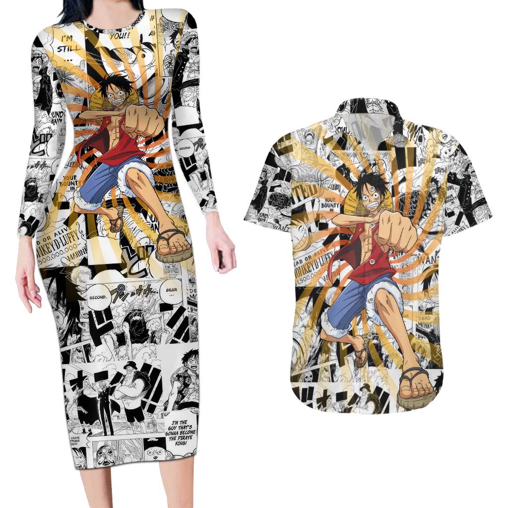 One Piece Blazing Force Luffy Couples Matching Long Sleeve Bodycon Dress and Hawaiian Shirt Anime Mix Manga Style