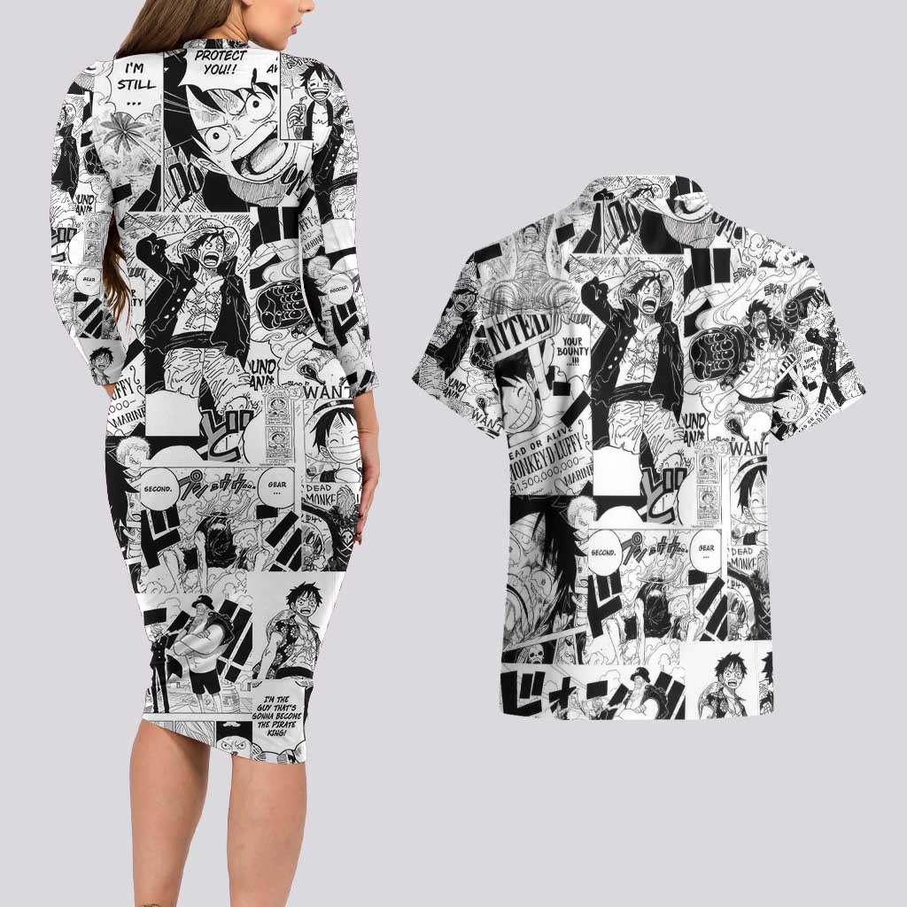 One Piece Blazing Force Luffy Couples Matching Long Sleeve Bodycon Dress and Hawaiian Shirt Anime Mix Manga Style