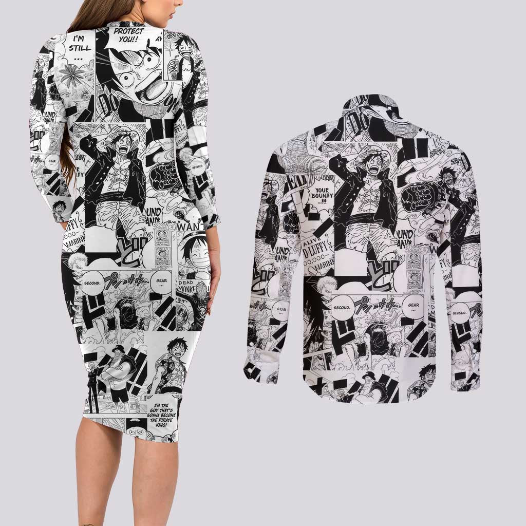 One Piece Blazing Force Luffy Couples Matching Long Sleeve Bodycon Dress and Long Sleeve Button Shirt Anime Mix Manga Style