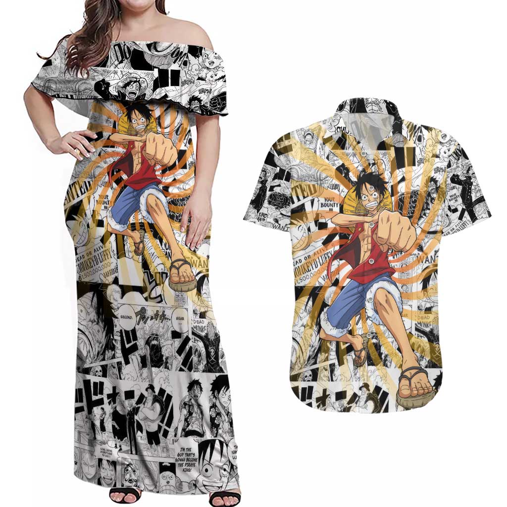 One Piece Blazing Force Luffy Couples Matching Off Shoulder Maxi Dress and Hawaiian Shirt Anime Mix Manga Style