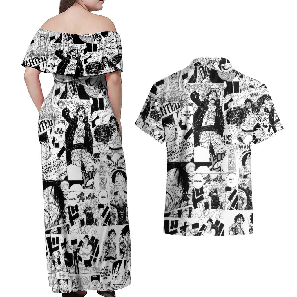 One Piece Blazing Force Luffy Couples Matching Off Shoulder Maxi Dress and Hawaiian Shirt Anime Mix Manga Style