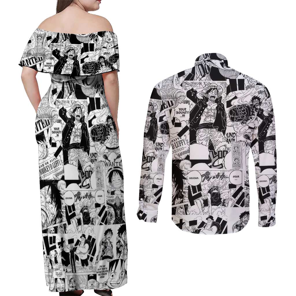 One Piece Blazing Force Luffy Couples Matching Off Shoulder Maxi Dress and Long Sleeve Button Shirt Anime Mix Manga Style