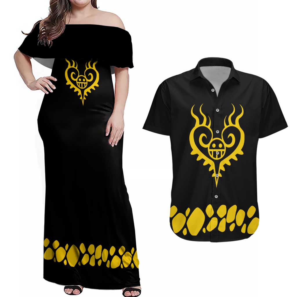Trafalgar D. Law V2 One Piece Couples Matching Off Shoulder Maxi Dress and Hawaiian Shirt Anime Style