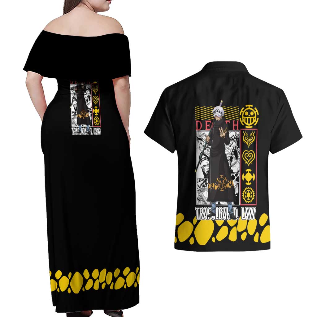 Trafalgar D. Law V2 One Piece Couples Matching Off Shoulder Maxi Dress and Hawaiian Shirt Anime Style