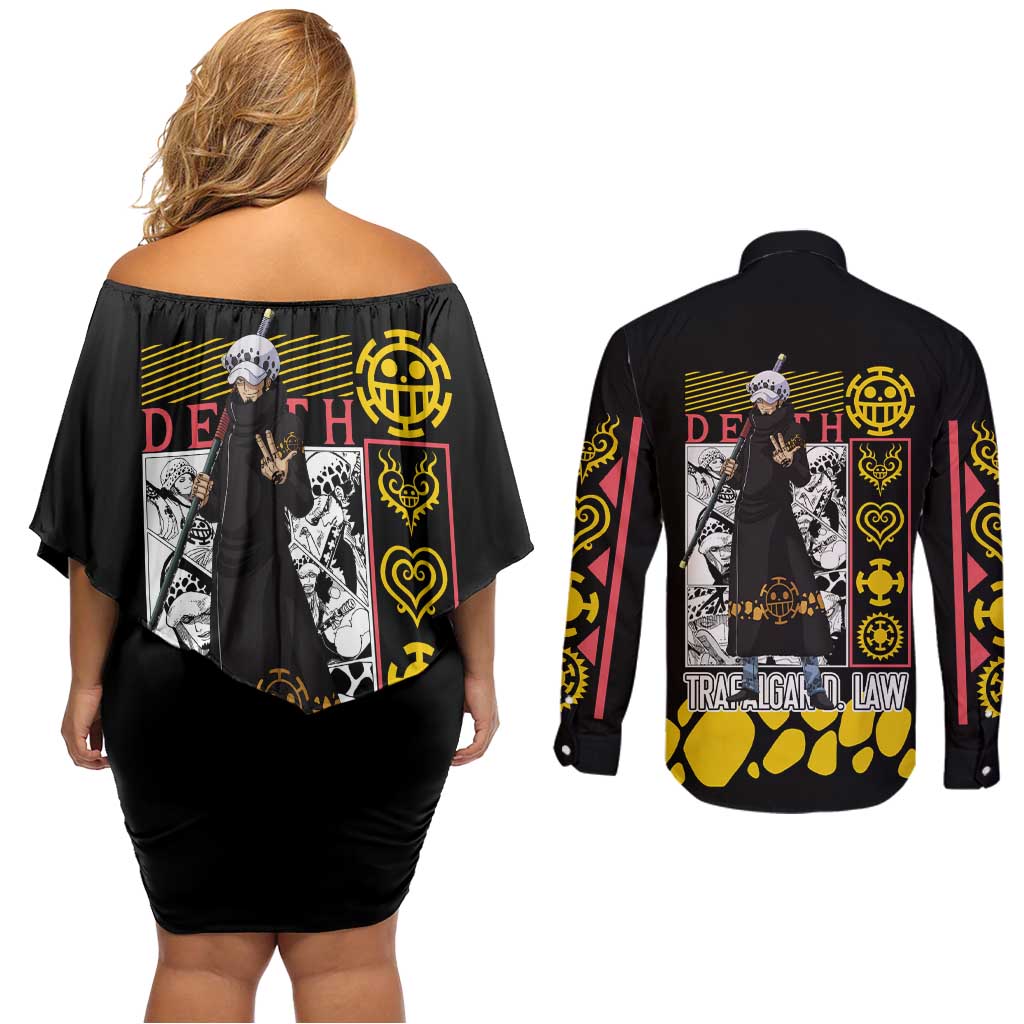 Trafalgar D. Law V2 One Piece Couples Matching Off Shoulder Short Dress and Long Sleeve Button Shirt Anime Style