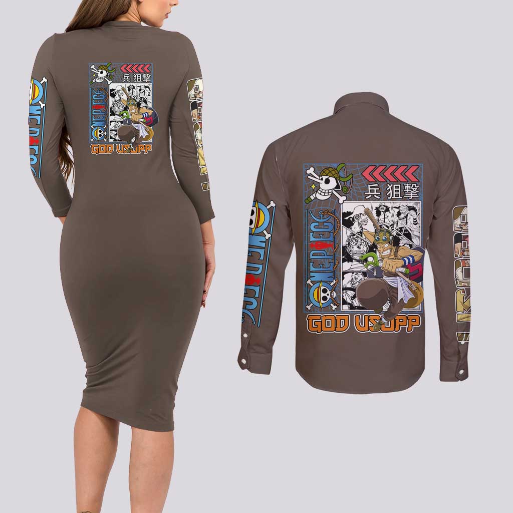 Usopp One Piece Streetwear Couples Matching Long Sleeve Bodycon Dress and Long Sleeve Button Shirt Anime Style