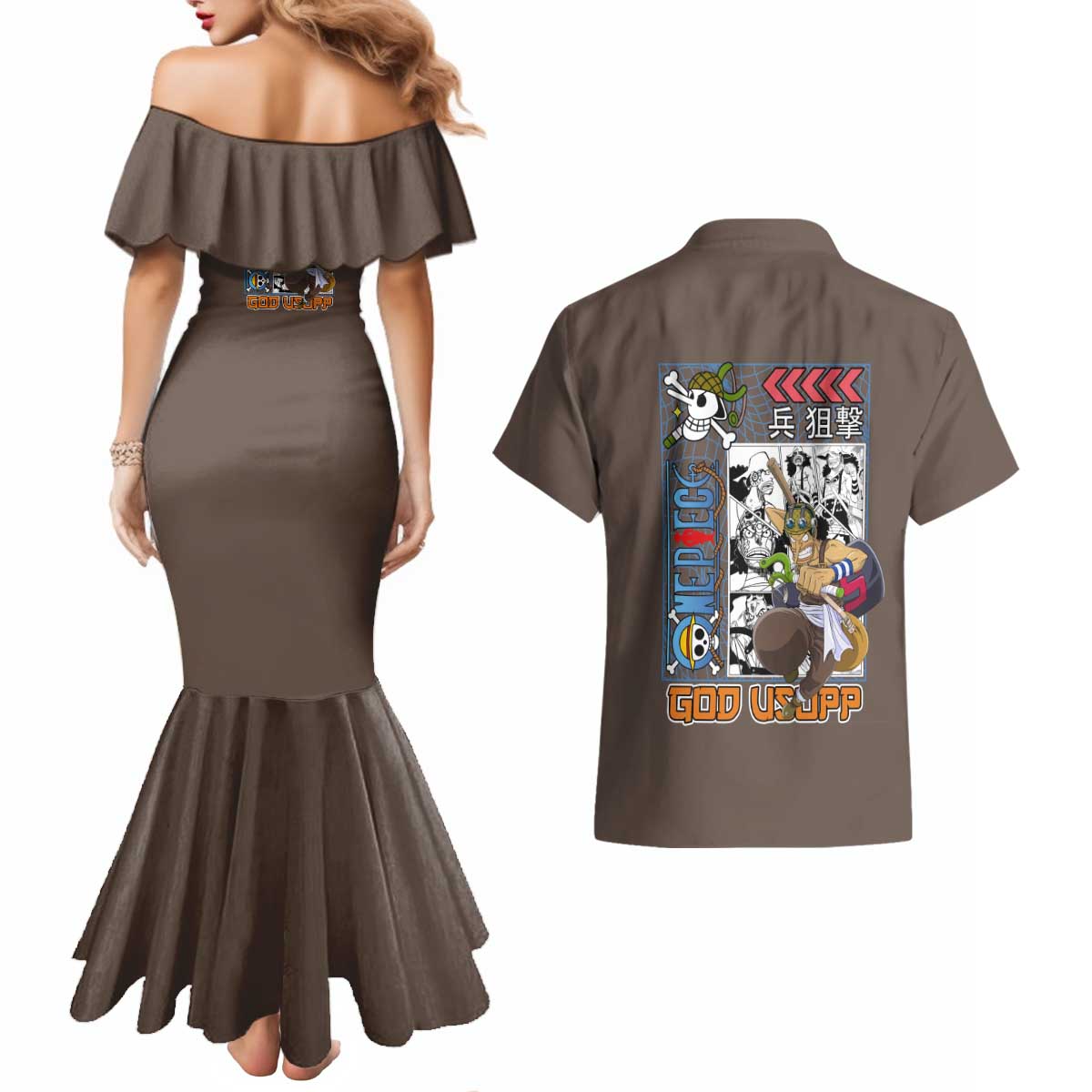 Usopp One Piece Streetwear Couples Matching Mermaid Dress and Hawaiian Shirt Anime Style