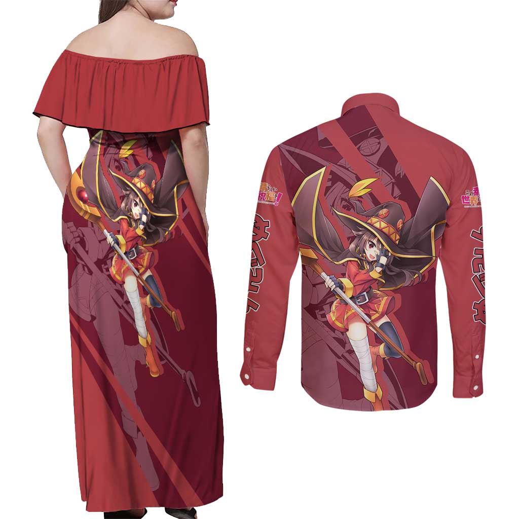 Megumin - KonoSuba Couples Matching Off Shoulder Maxi Dress and Long Sleeve Button Shirt Anime Style TS04