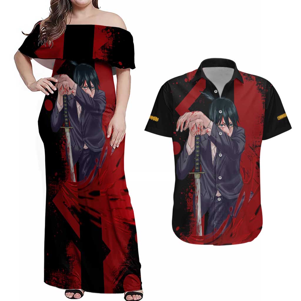 Aki Hayakawa - Chainsaw Man Couples Matching Off Shoulder Maxi Dress and Hawaiian Shirt Anime Style