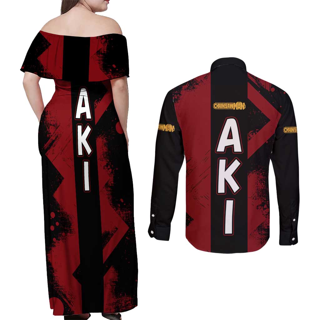Aki Hayakawa - Chainsaw Man Couples Matching Off Shoulder Maxi Dress and Long Sleeve Button Shirt Anime Style