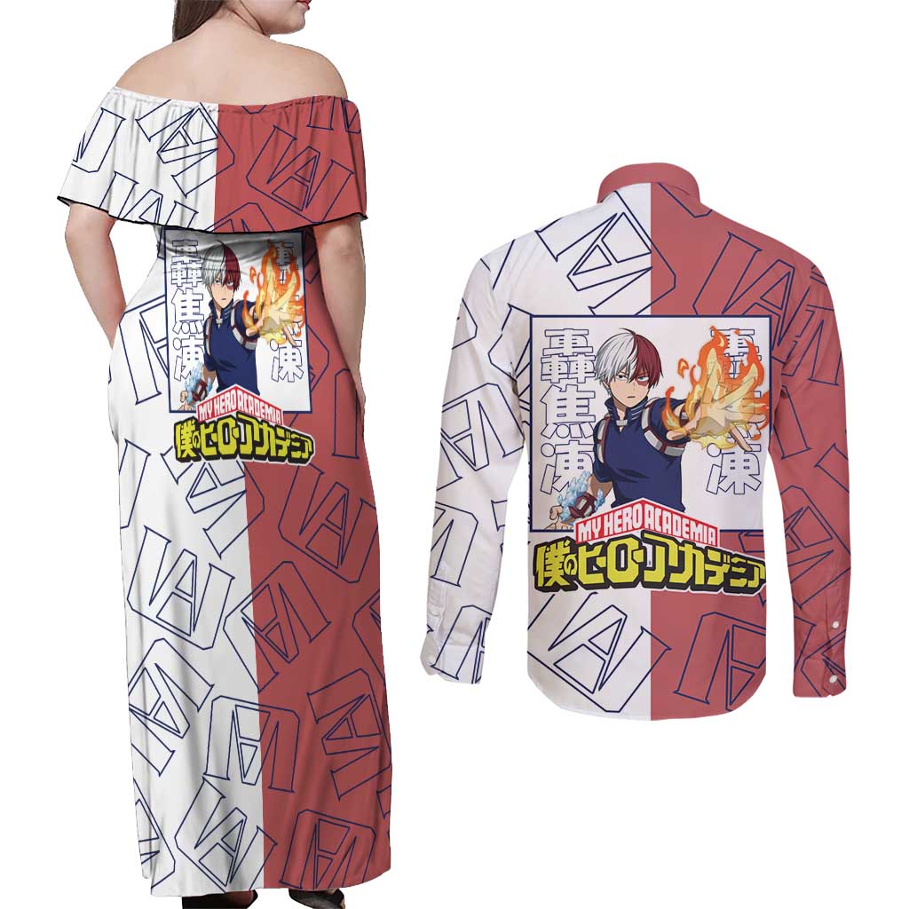 Shoto Todoroki Mix Emblem - My Hero Academia Couples Matching Off Shoulder Maxi Dress and Long Sleeve Button Shirt Anime Style