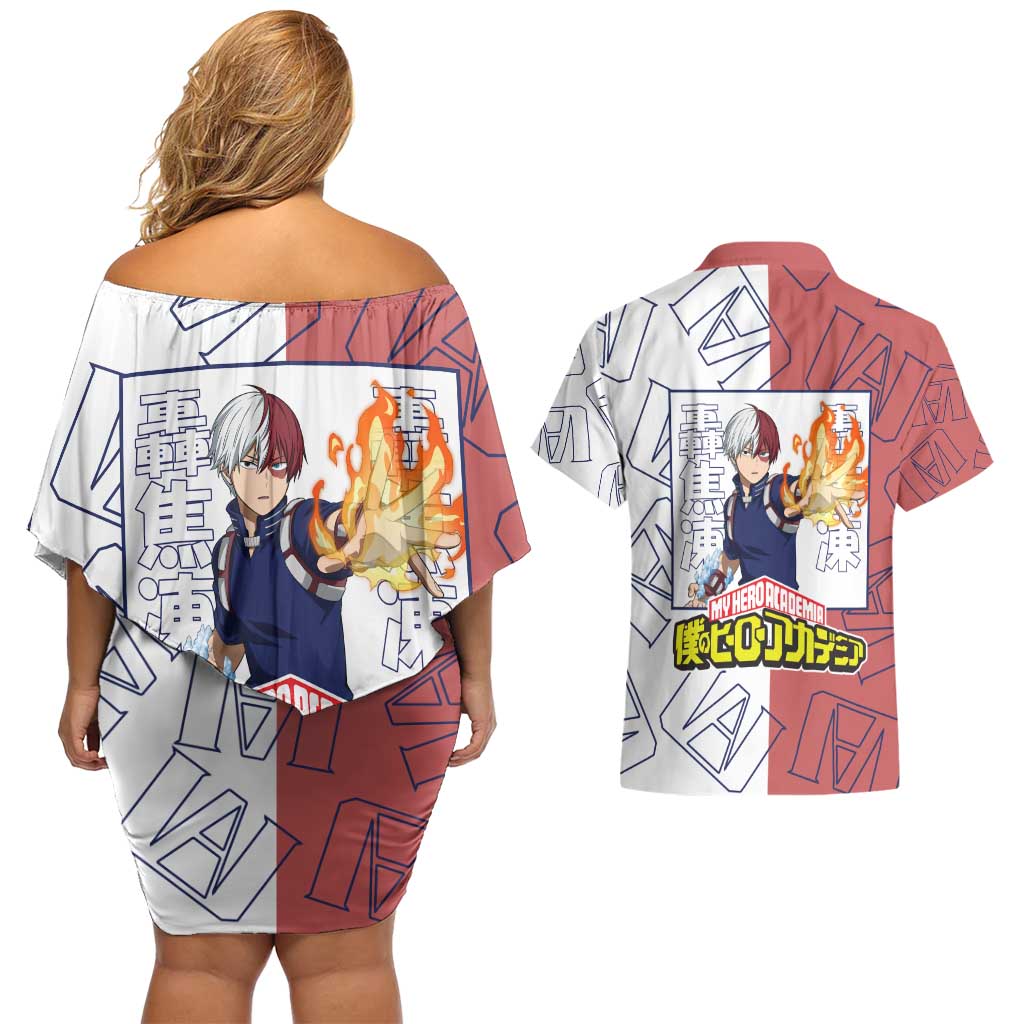 Shoto Todoroki Mix Emblem - My Hero Academia Couples Matching Off Shoulder Short Dress and Hawaiian Shirt Anime Style