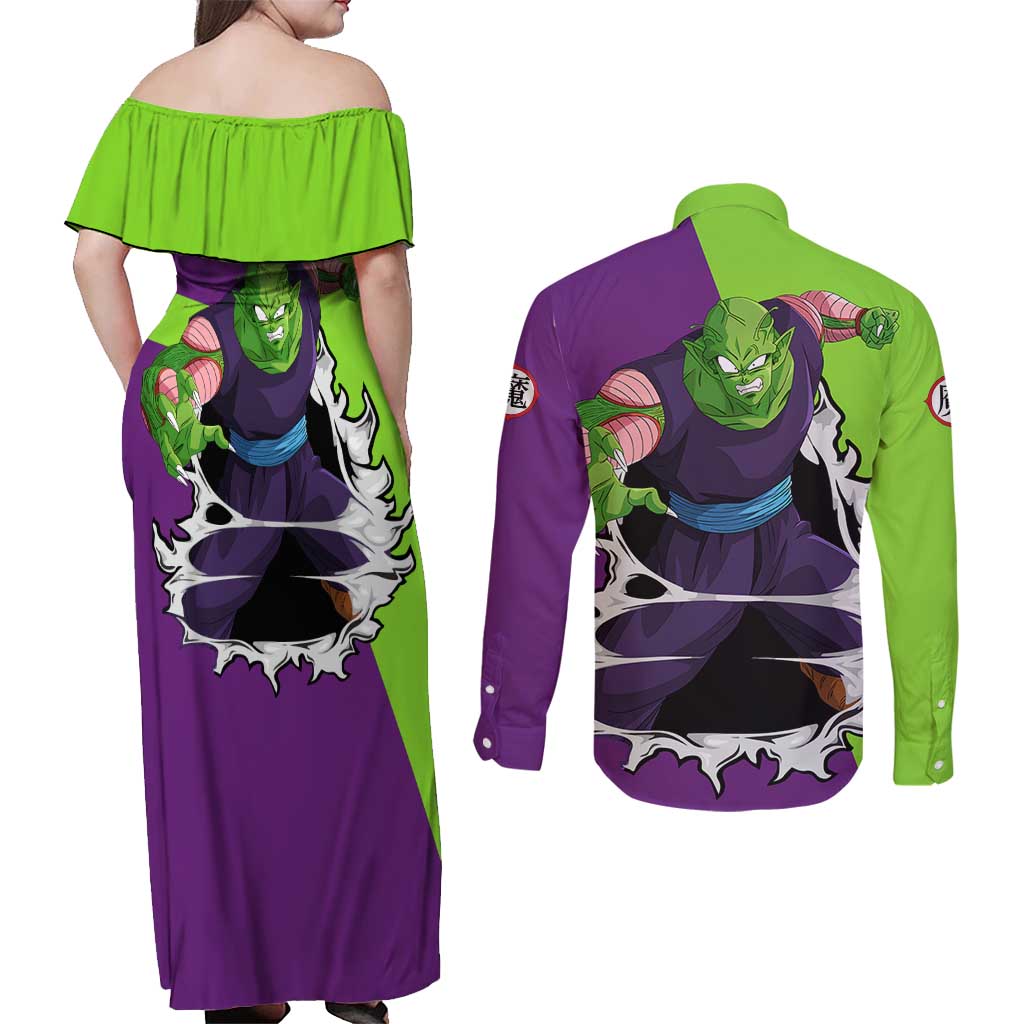 Piccolo - Dragon Ball Couples Matching Off Shoulder Maxi Dress and Long Sleeve Button Shirt Anime Style