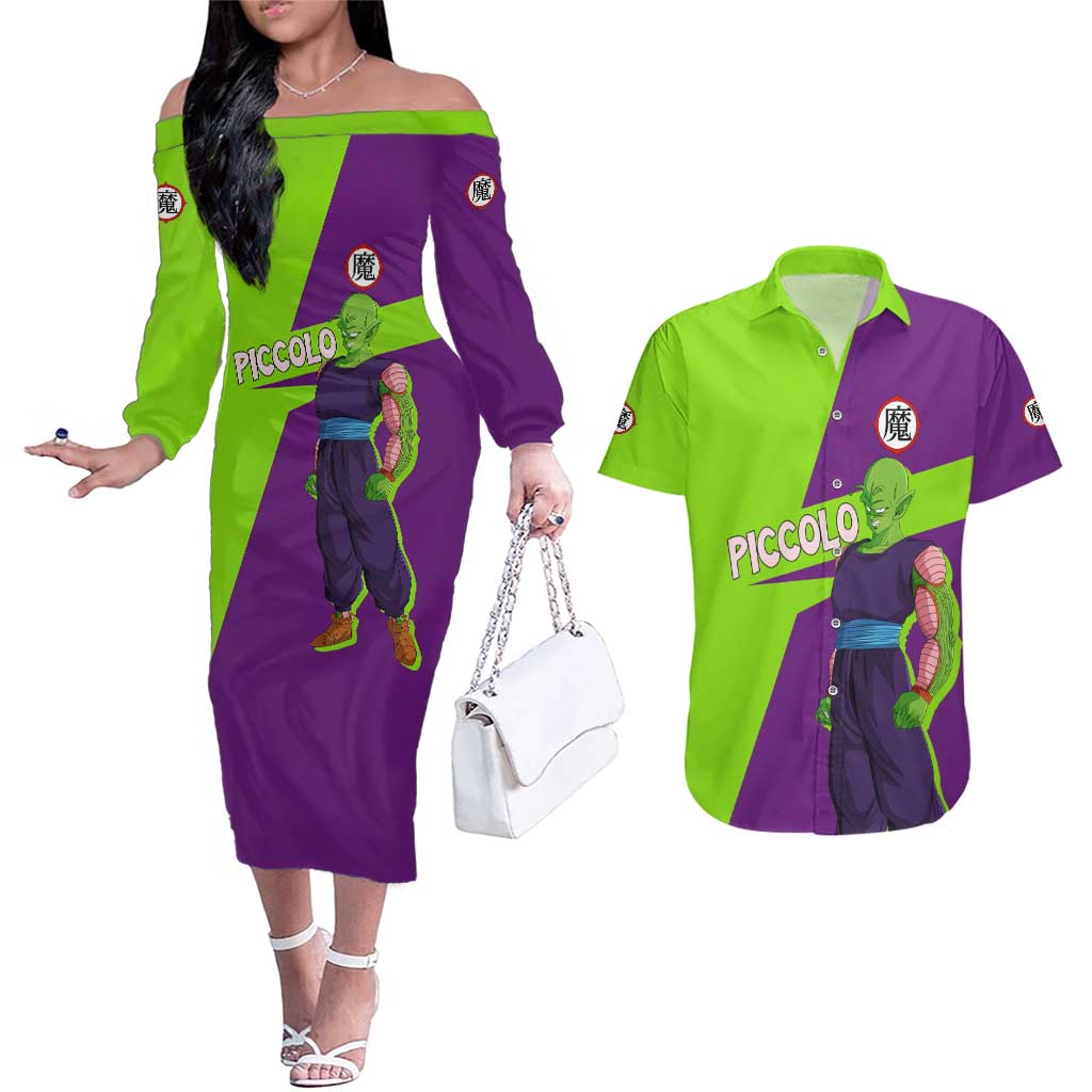 Piccolo - Dragon Ball Couples Matching Off The Shoulder Long Sleeve Dress and Hawaiian Shirt Anime Style