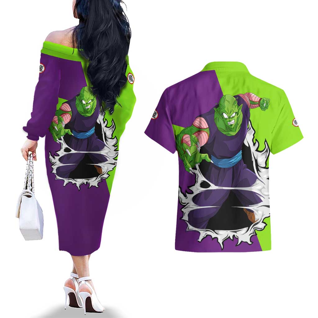 Piccolo - Dragon Ball Couples Matching Off The Shoulder Long Sleeve Dress and Hawaiian Shirt Anime Style