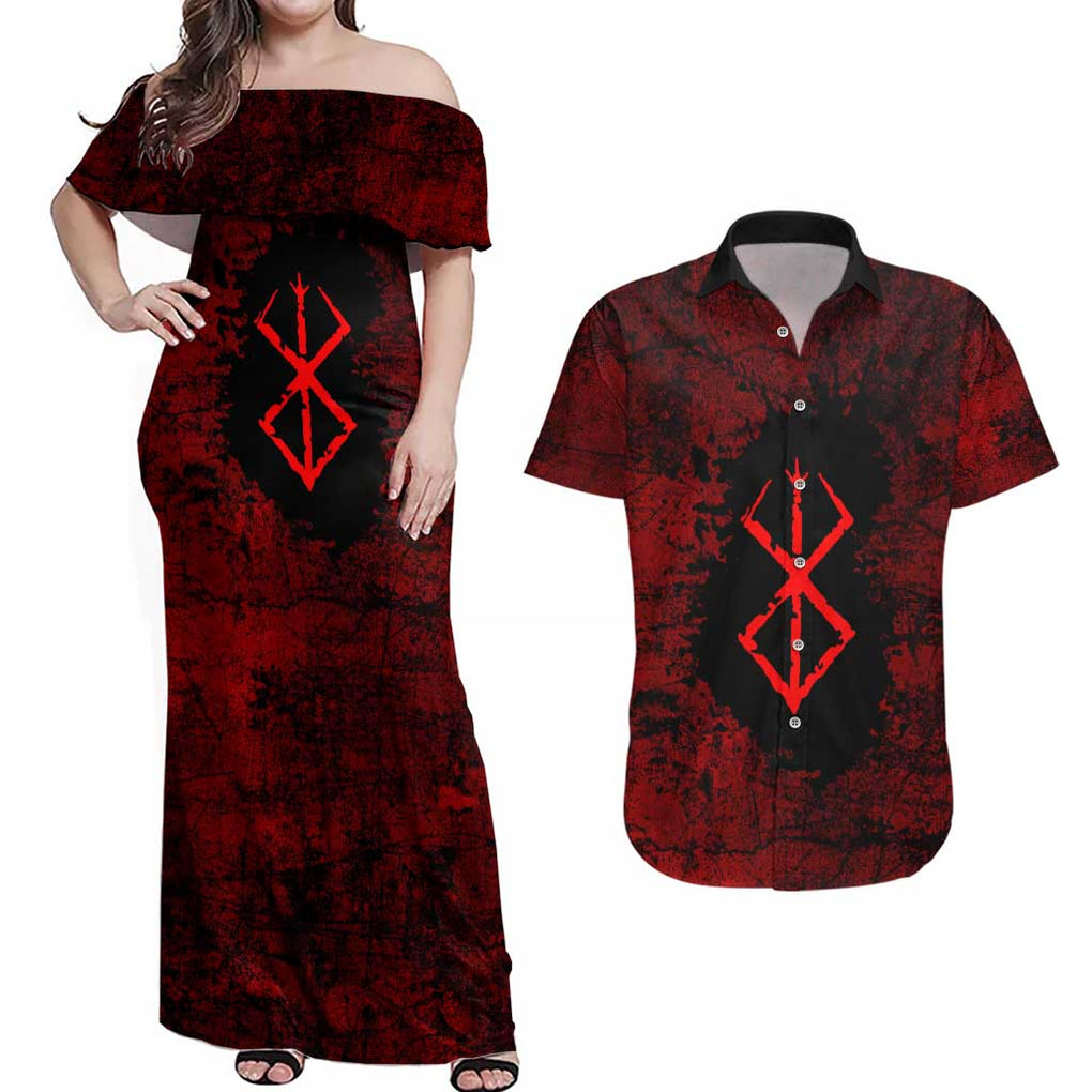 Guts - Berserk Couples Matching Off Shoulder Maxi Dress and Hawaiian Shirt Anime Mix Grunge Blood Style