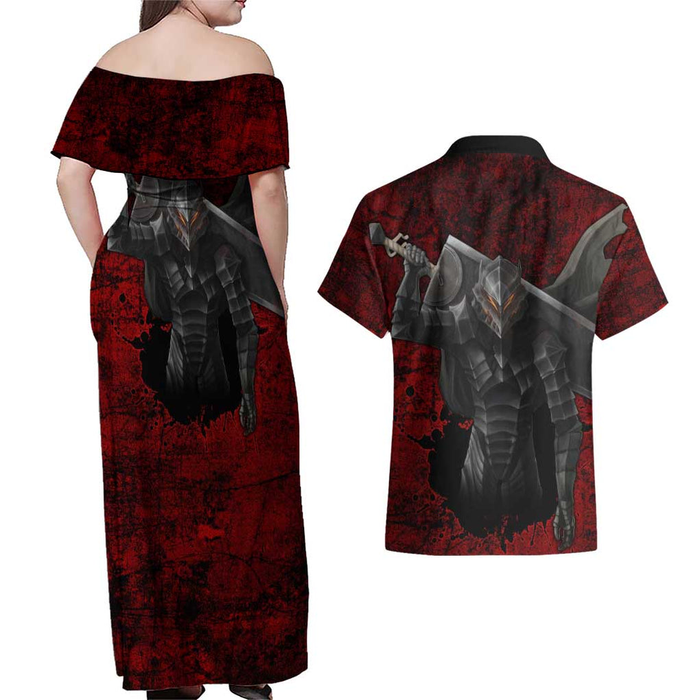 Guts - Berserk Couples Matching Off Shoulder Maxi Dress and Hawaiian Shirt Anime Mix Grunge Blood Style