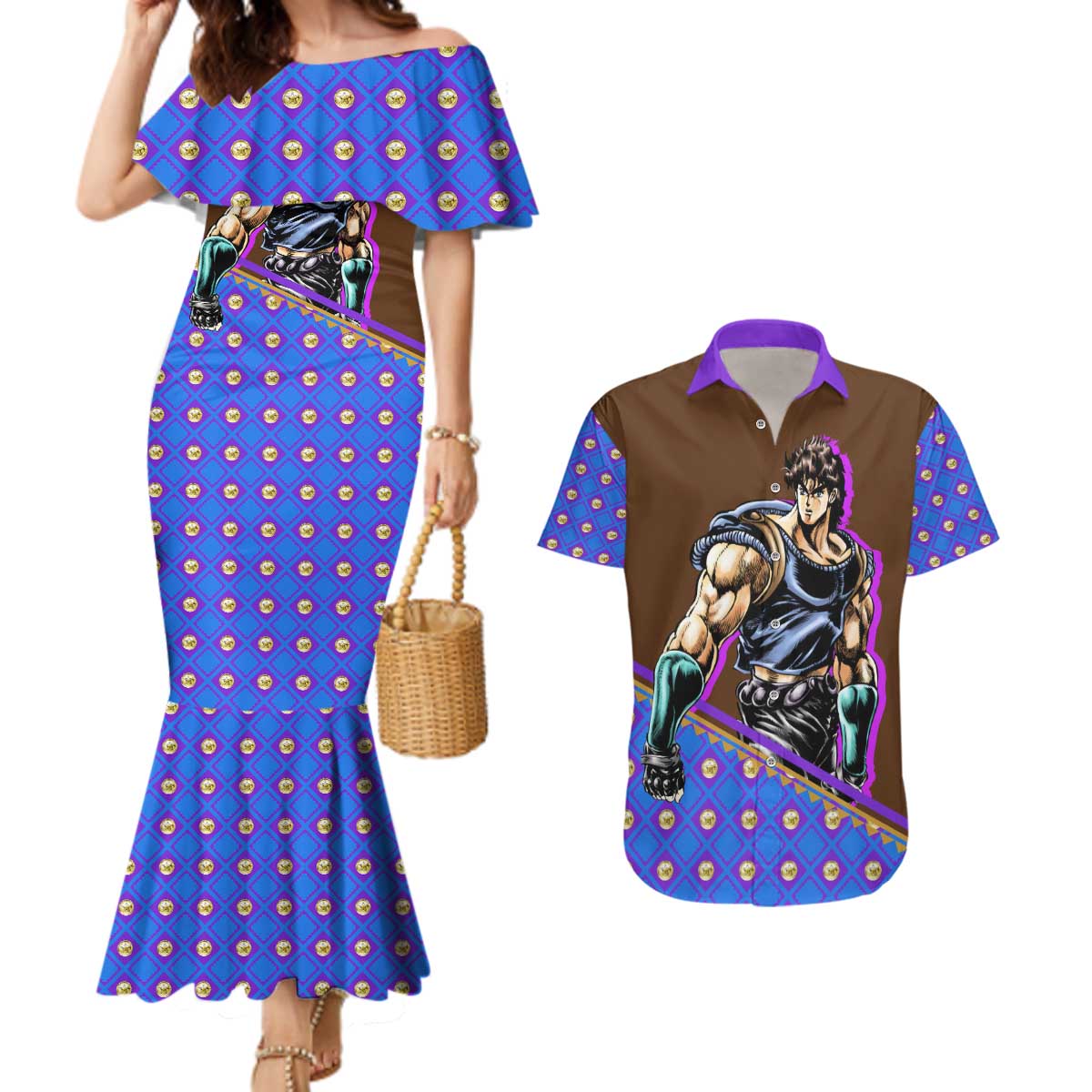 Jonathan Joestar - JoJo's Bizarre Adventure Couples Matching Mermaid Dress and Hawaiian Shirt Anime Style