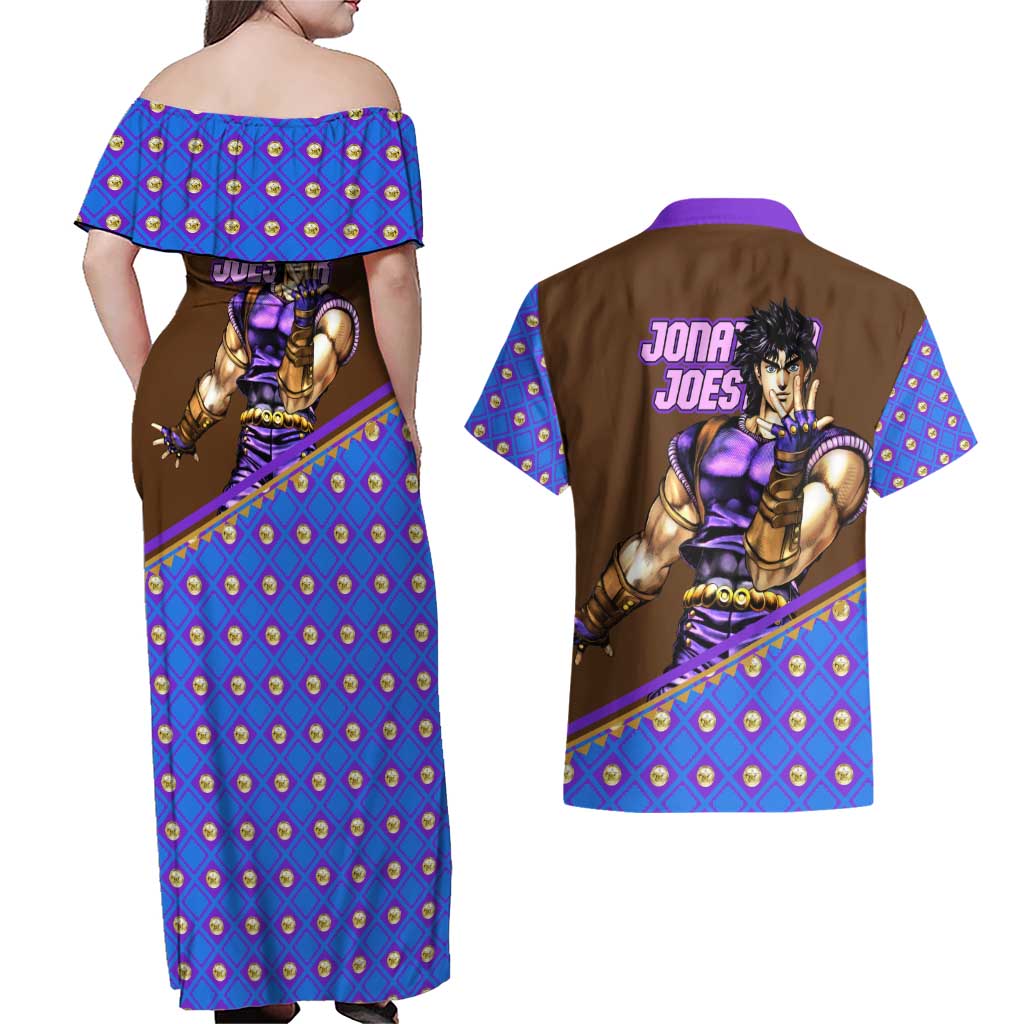 Jonathan Joestar - JoJo's Bizarre Adventure Couples Matching Off Shoulder Maxi Dress and Hawaiian Shirt Anime Style