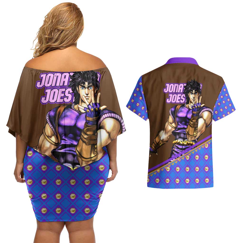 Jonathan Joestar - JoJo's Bizarre Adventure Couples Matching Off Shoulder Short Dress and Hawaiian Shirt Anime Style
