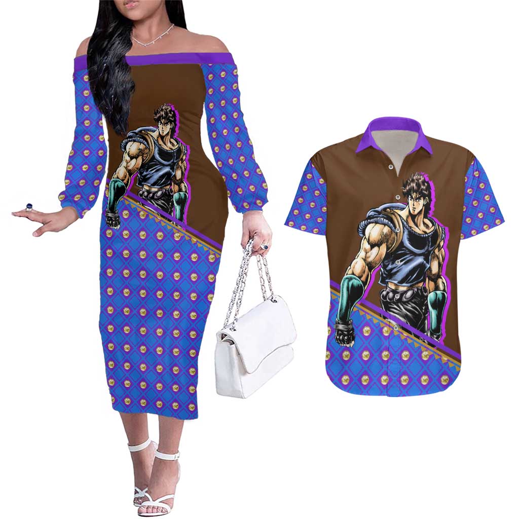 Jonathan Joestar - JoJo's Bizarre Adventure Couples Matching Off The Shoulder Long Sleeve Dress and Hawaiian Shirt Anime Style