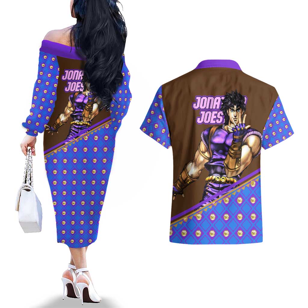 Jonathan Joestar - JoJo's Bizarre Adventure Couples Matching Off The Shoulder Long Sleeve Dress and Hawaiian Shirt Anime Style