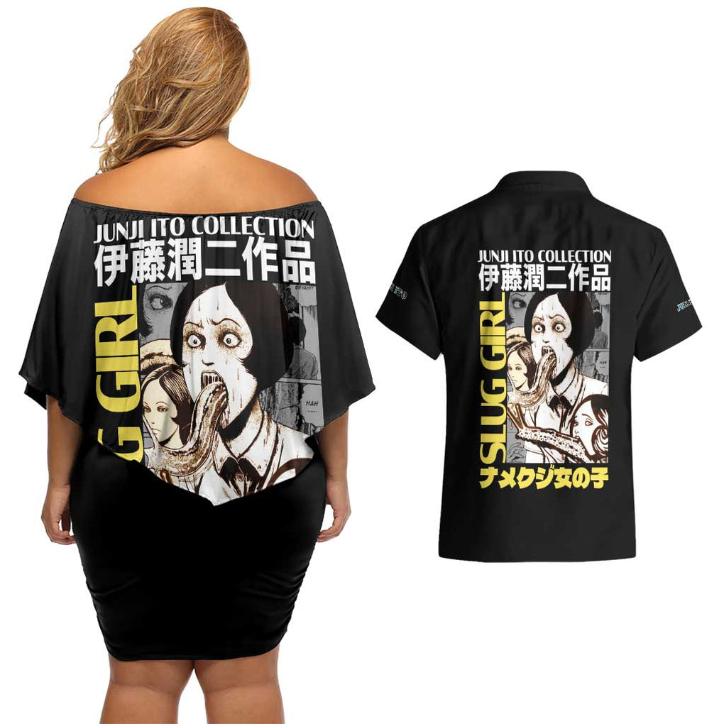 Slug Girl Junji Ito Collection Couples Matching Off Shoulder Short Dress and Hawaiian Shirt Anime Style