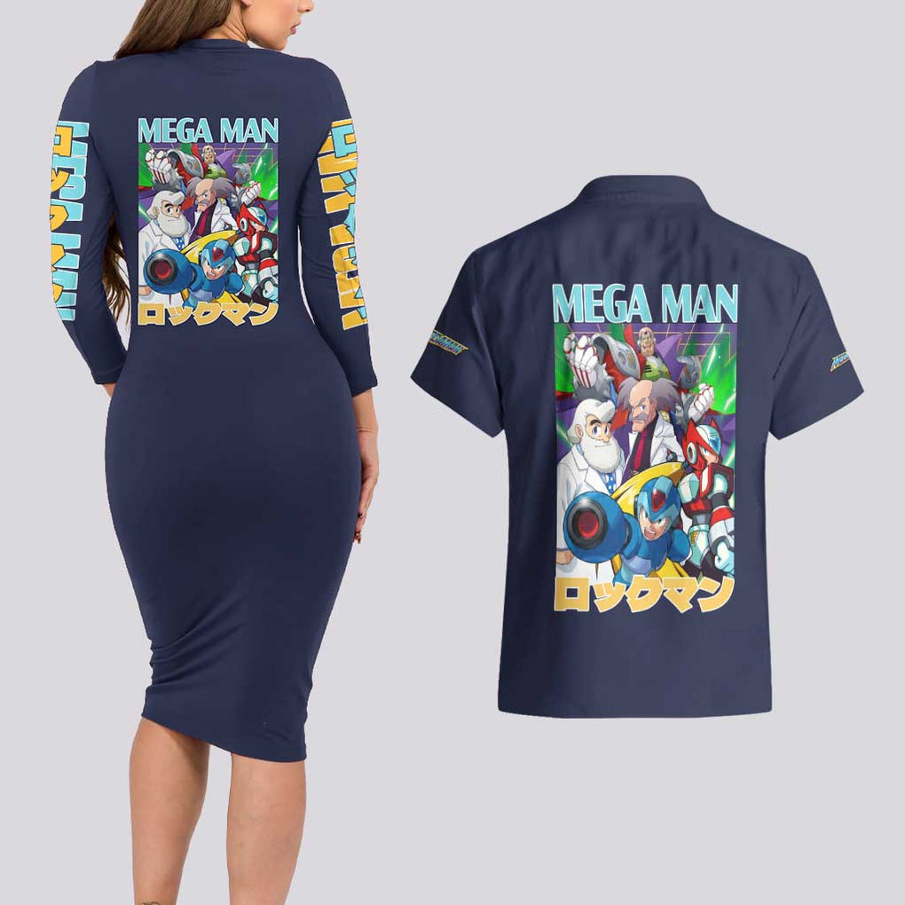 Mega Man Couples Matching Long Sleeve Bodycon Dress and Hawaiian Shirt Anime Style