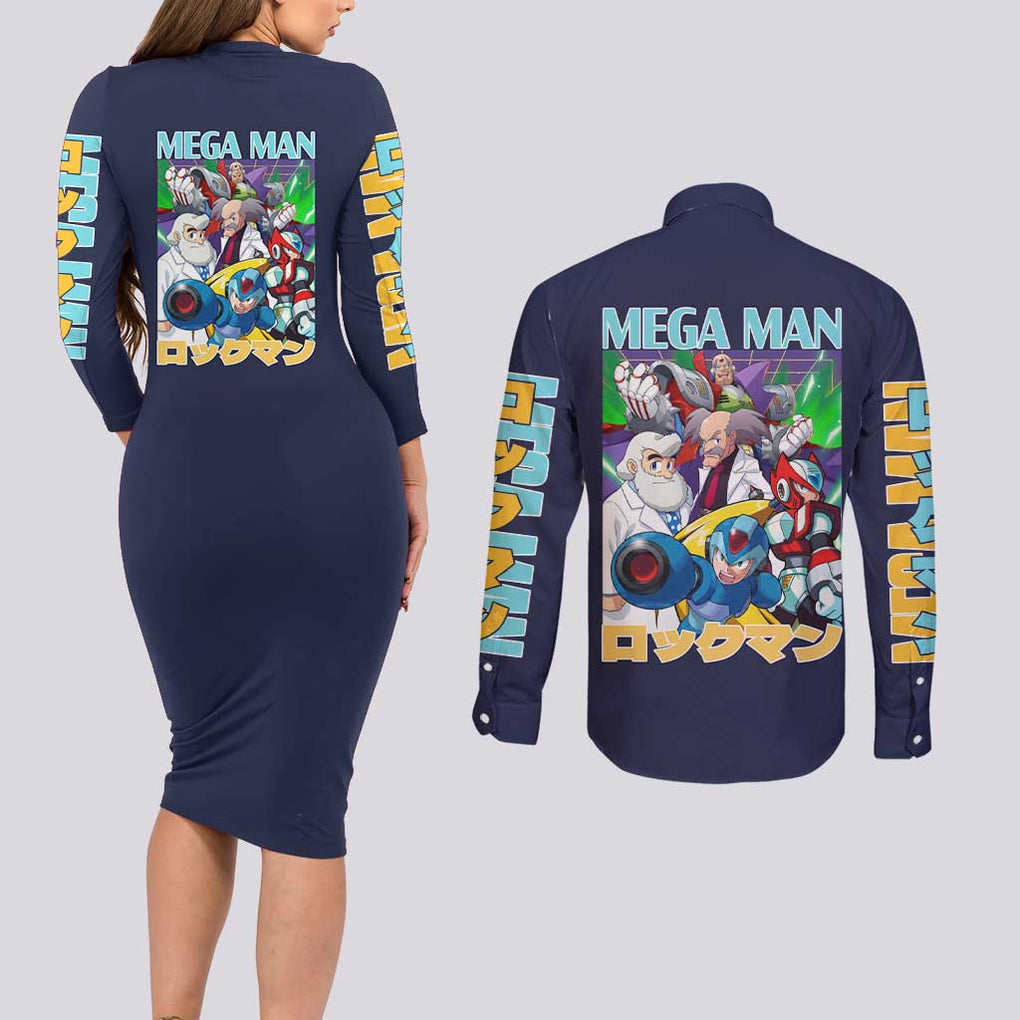Mega Man Couples Matching Long Sleeve Bodycon Dress and Long Sleeve Button Shirt Anime Style
