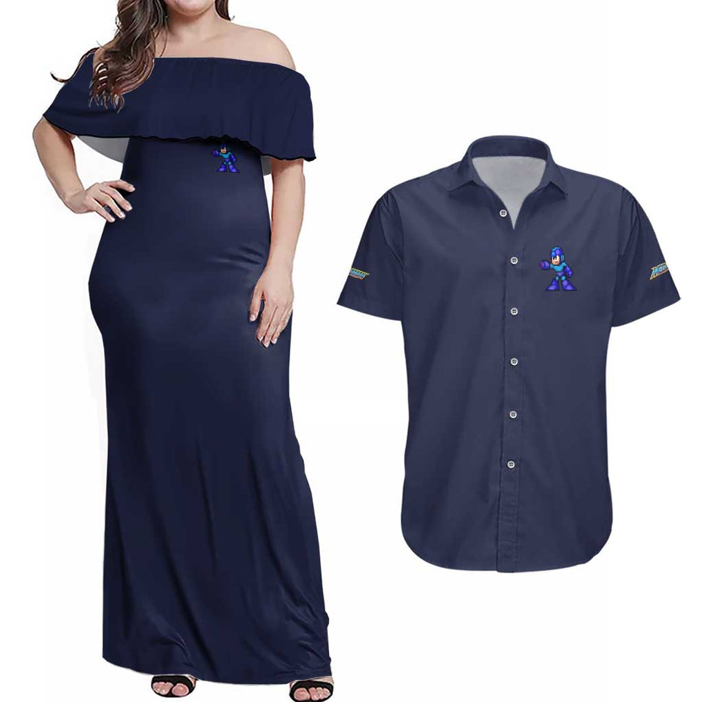 Mega Man Couples Matching Off Shoulder Maxi Dress and Hawaiian Shirt Anime Style