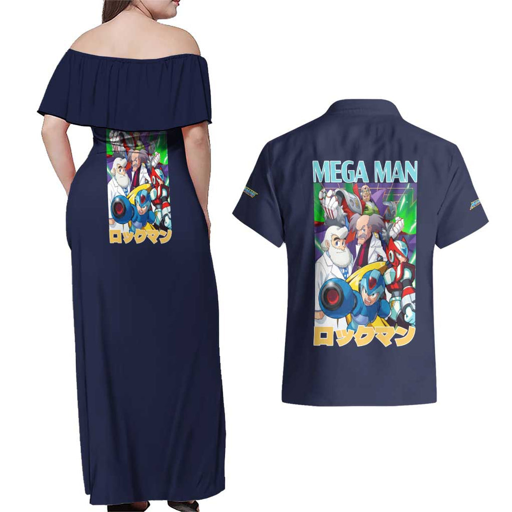 Mega Man Couples Matching Off Shoulder Maxi Dress and Hawaiian Shirt Anime Style