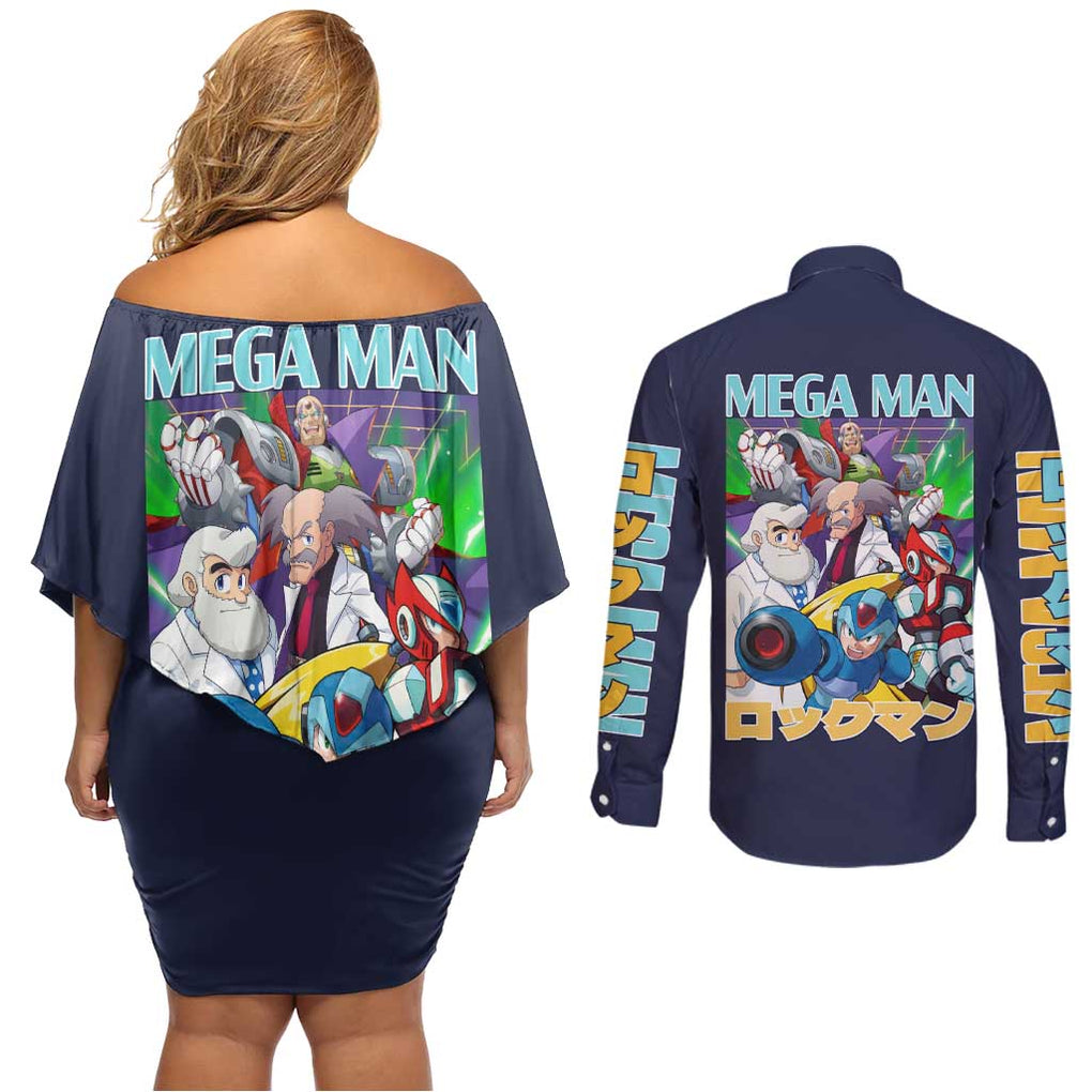 Mega Man Couples Matching Off Shoulder Short Dress and Long Sleeve Button Shirt Anime Style