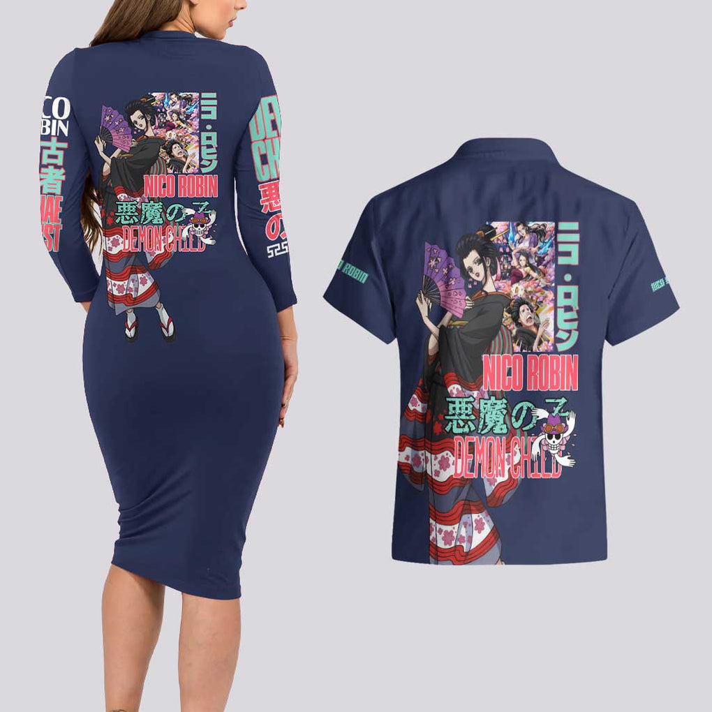 Nico Robin V2 One Piece Couples Matching Long Sleeve Bodycon Dress and Hawaiian Shirt Anime Style
