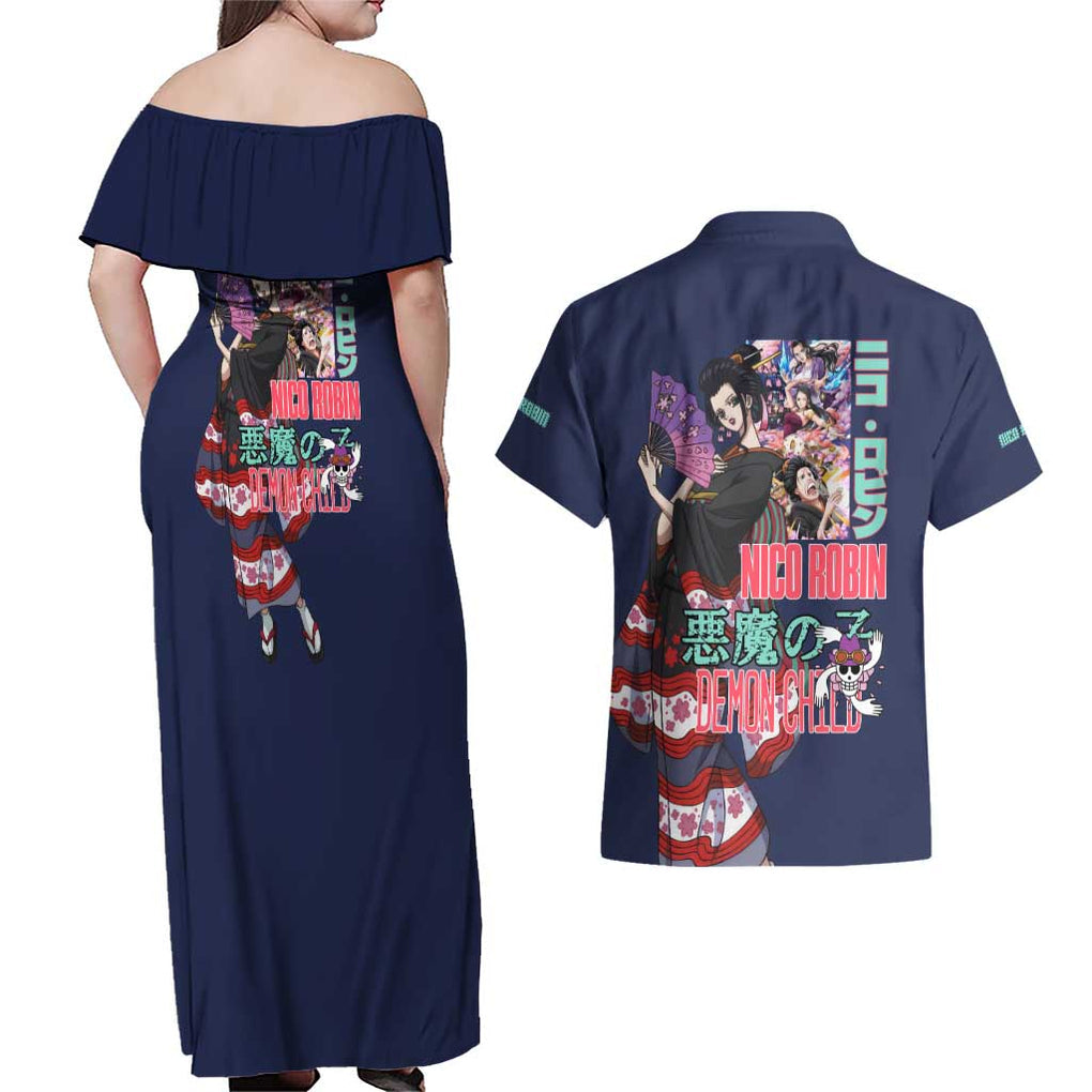 Nico Robin V2 One Piece Couples Matching Off Shoulder Maxi Dress and Hawaiian Shirt Anime Style