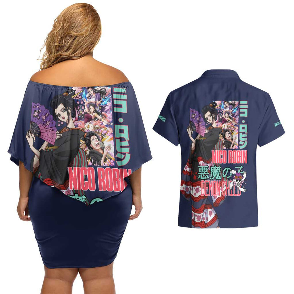 Nico Robin V2 One Piece Couples Matching Off Shoulder Short Dress and Hawaiian Shirt Anime Style