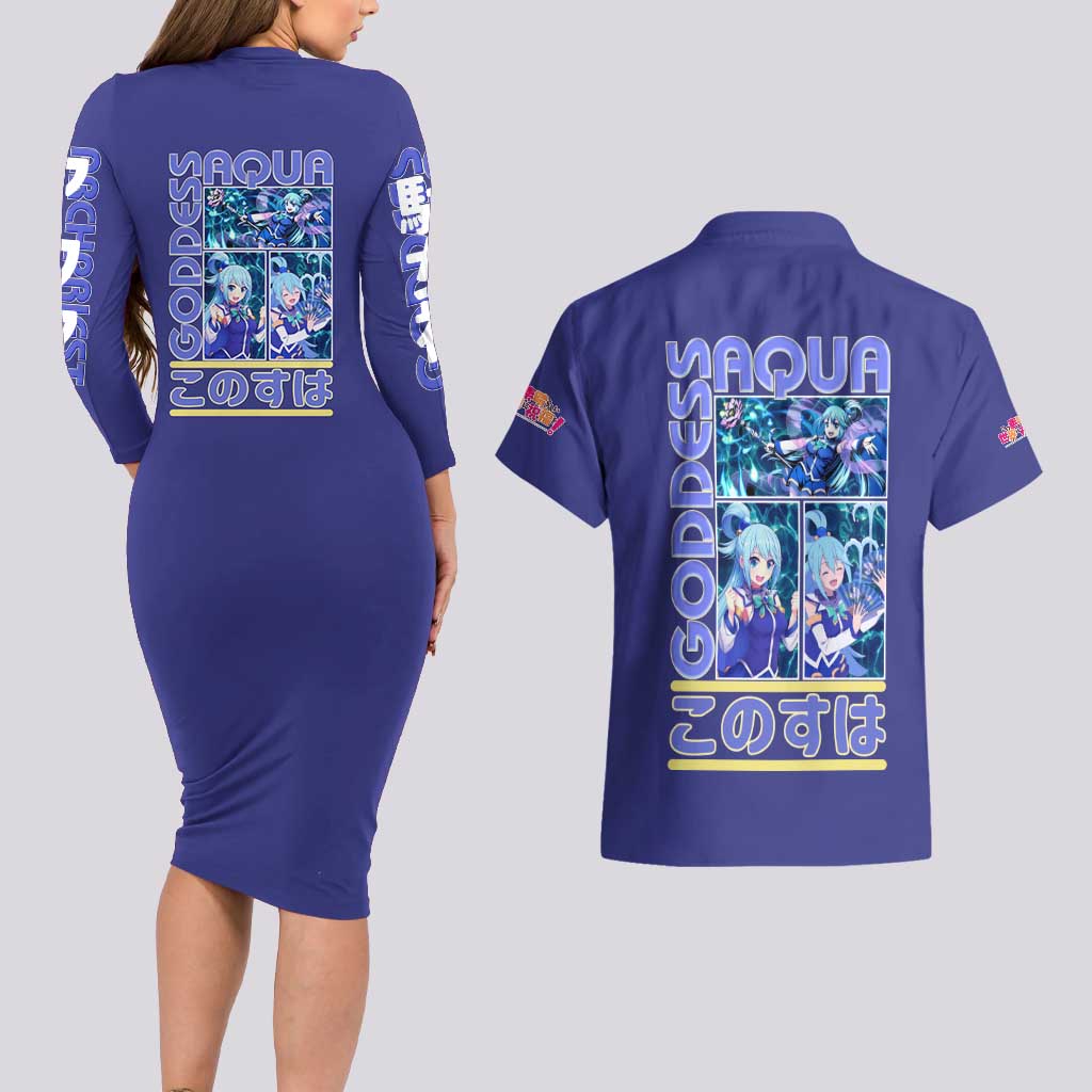 Aqua Konosuba Streetwear Couples Matching Long Sleeve Bodycon Dress and Hawaiian Shirt Anime Style - The Mazicc