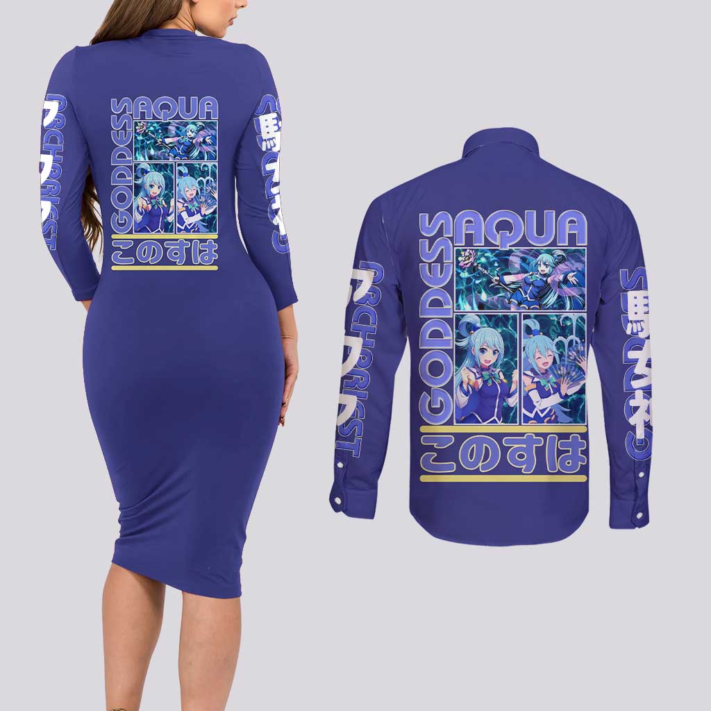 Aqua Konosuba Streetwear Couples Matching Long Sleeve Bodycon Dress and Long Sleeve Button Shirt Anime Style - The Mazicc