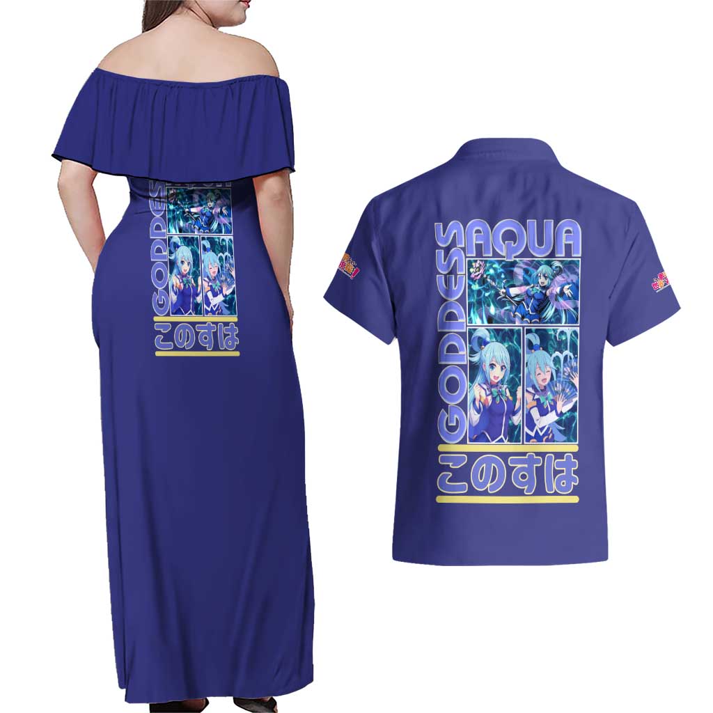 Aqua Konosuba Streetwear Couples Matching Off Shoulder Maxi Dress and Hawaiian Shirt Anime Style - The Mazicc
