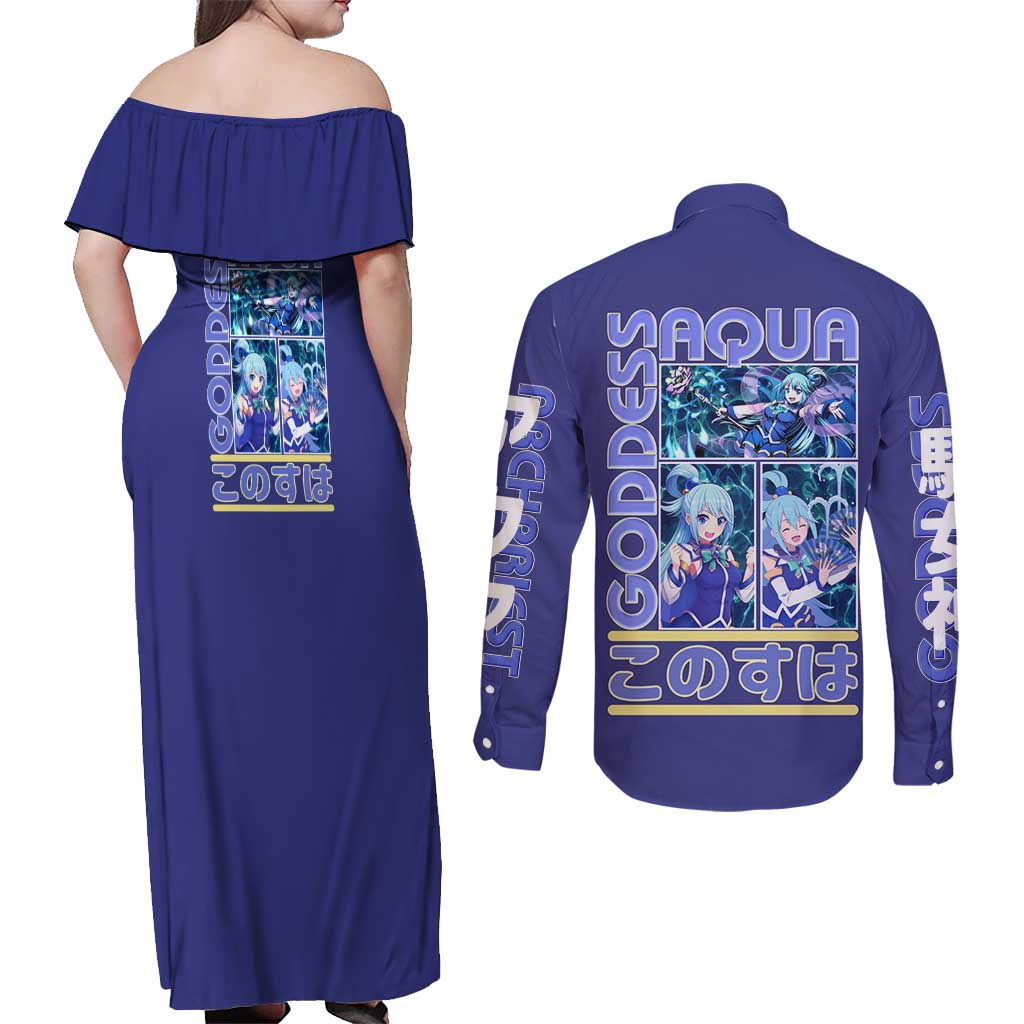 Aqua Konosuba Streetwear Couples Matching Off Shoulder Maxi Dress and Long Sleeve Button Shirt Anime Style - The Mazicc