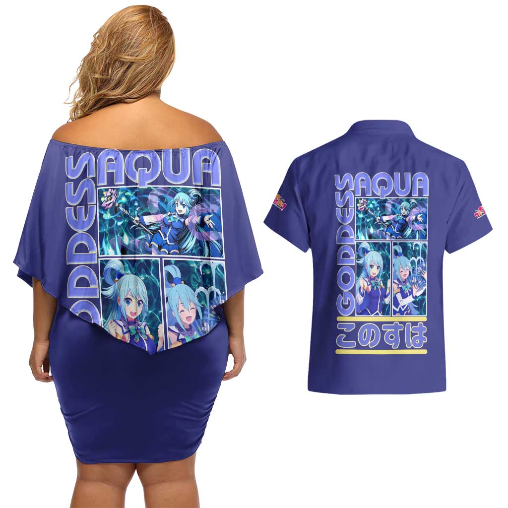 Aqua Konosuba Streetwear Couples Matching Off Shoulder Short Dress and Hawaiian Shirt Anime Style - The Mazicc