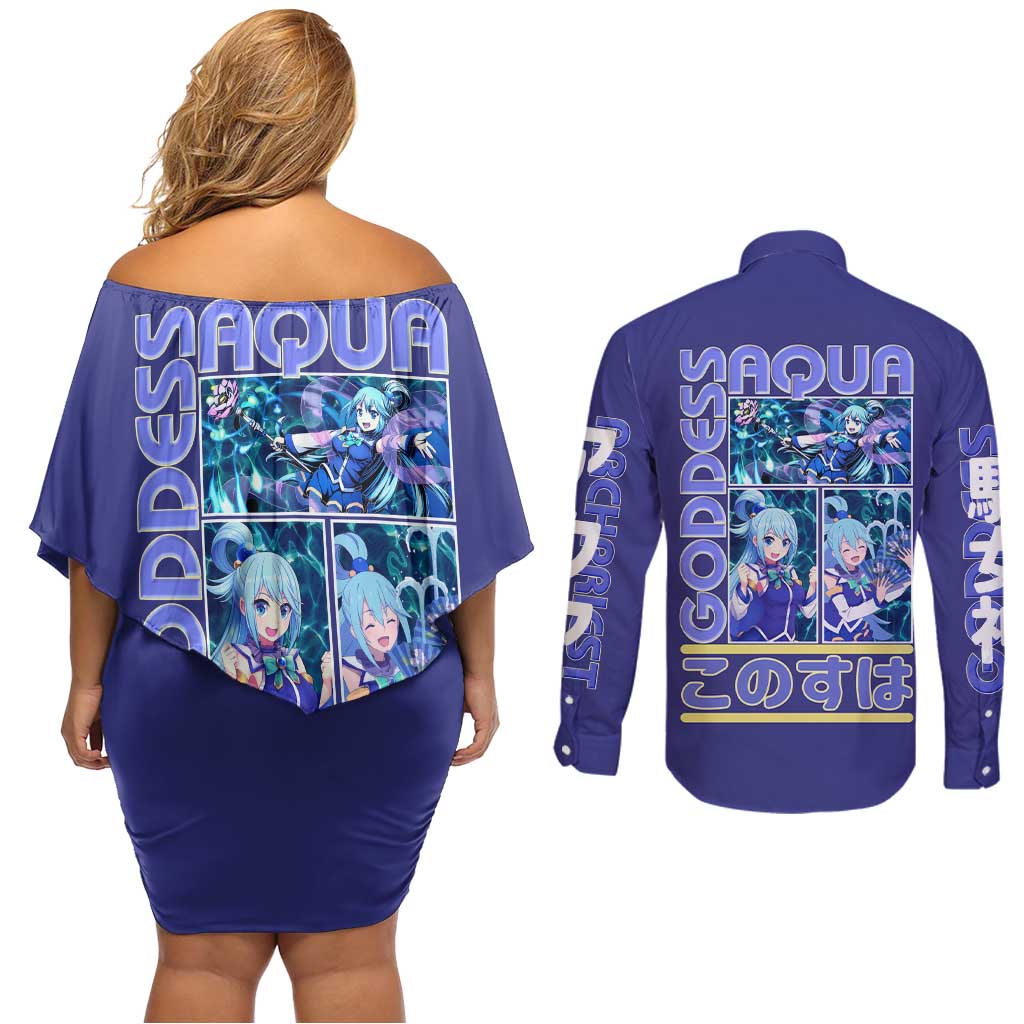Aqua Konosuba Streetwear Couples Matching Off Shoulder Short Dress and Long Sleeve Button Shirt Anime Style - The Mazicc