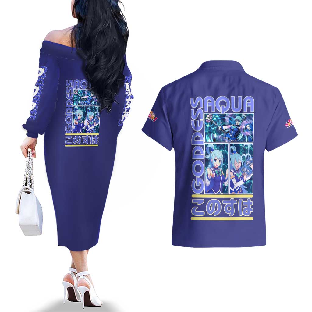 Aqua Konosuba Streetwear Couples Matching Off The Shoulder Long Sleeve Dress and Hawaiian Shirt Anime Style - The Mazicc