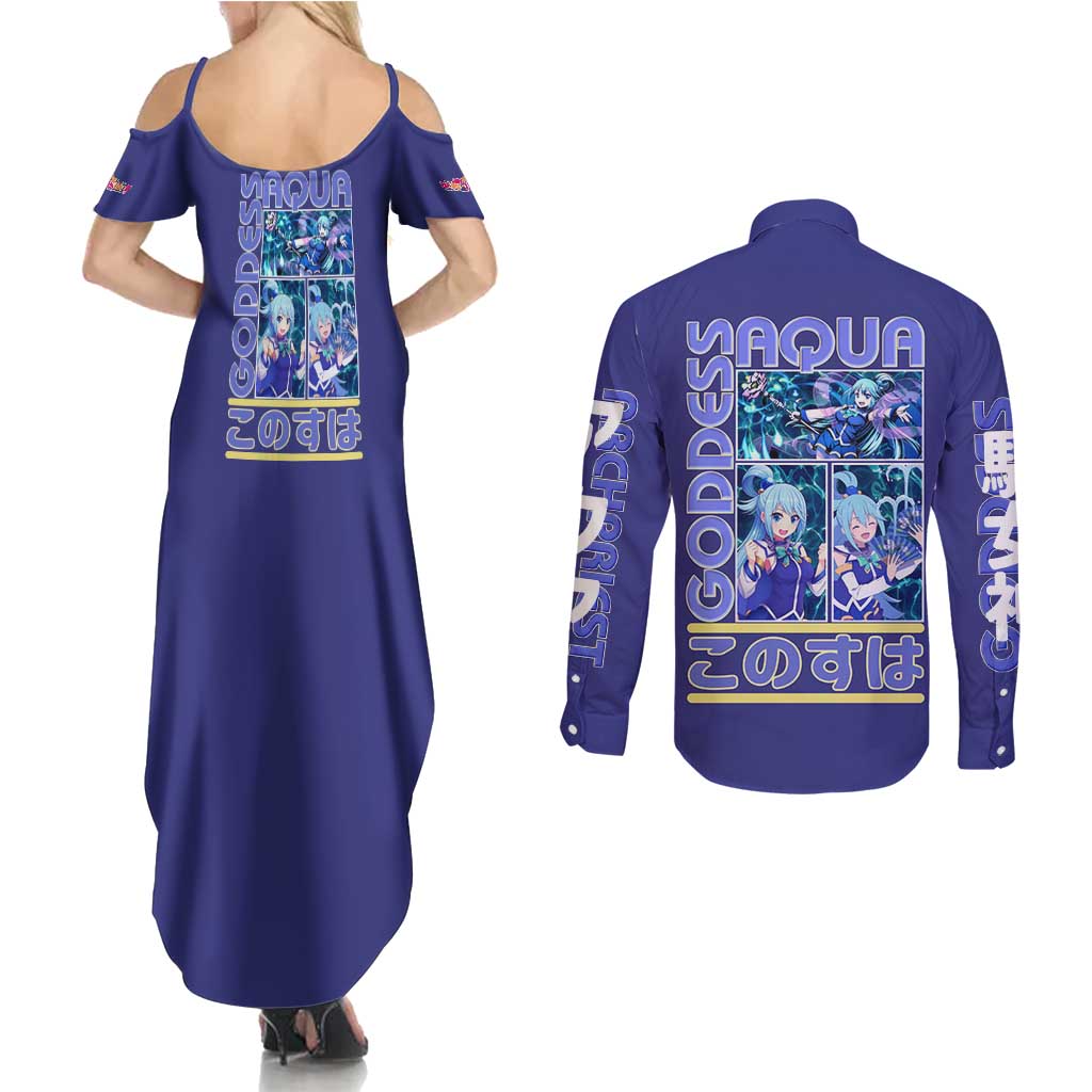 Aqua Konosuba Streetwear Couples Matching Summer Maxi Dress and Long Sleeve Button Shirt Anime Style - The Mazicc