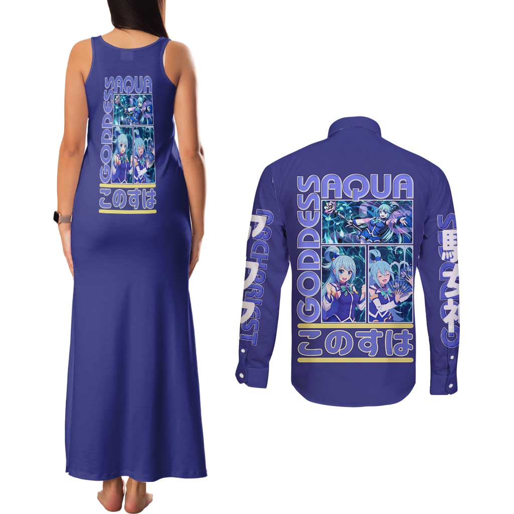 Aqua Konosuba Streetwear Couples Matching Tank Maxi Dress and Long Sleeve Button Shirt Anime Style - The Mazicc