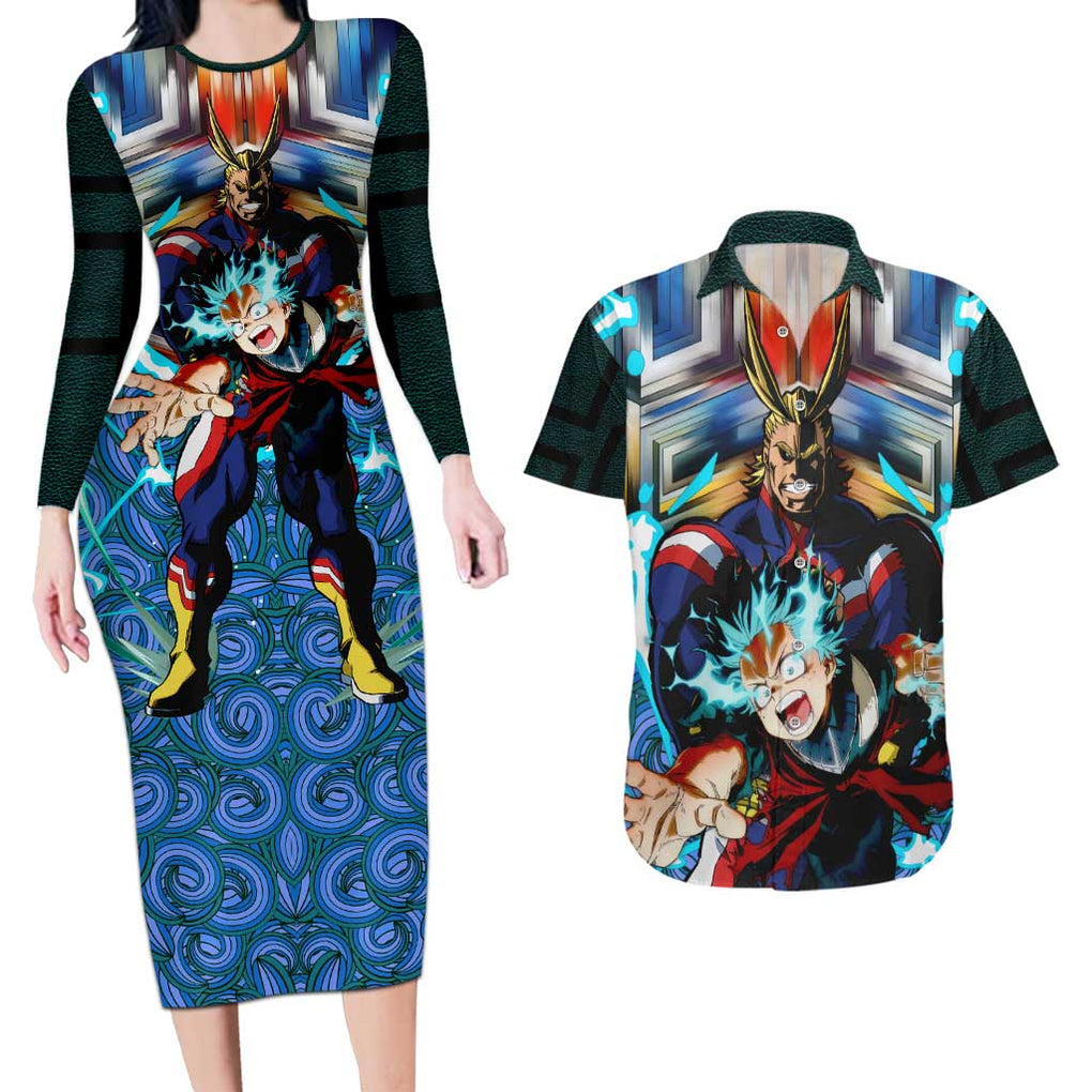 Trippy Deku x All Might My Hero Academia Couples Matching Long Sleeve Bodycon Dress and Hawaiian Shirt Trippy Style