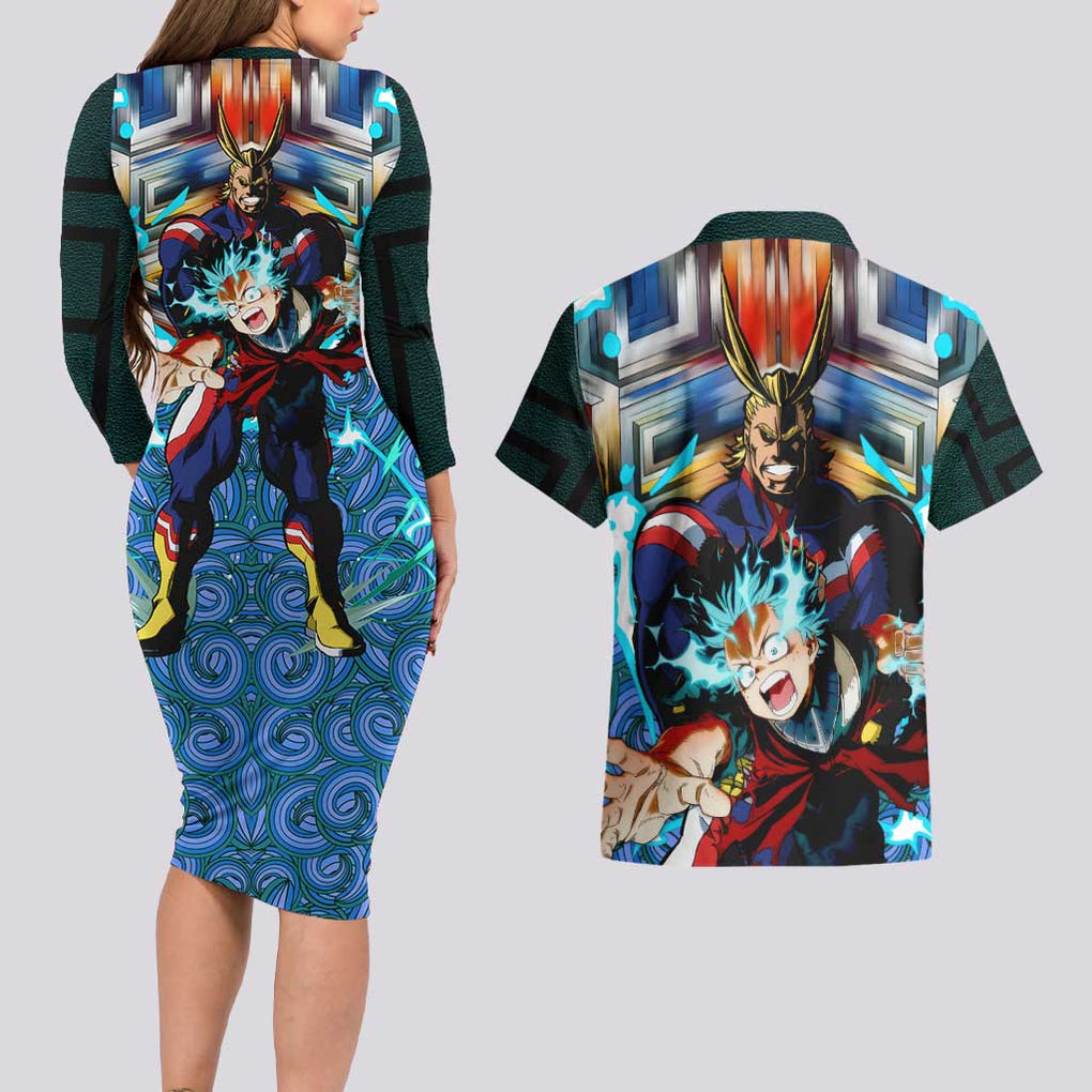 Trippy Deku x All Might My Hero Academia Couples Matching Long Sleeve Bodycon Dress and Hawaiian Shirt Trippy Style
