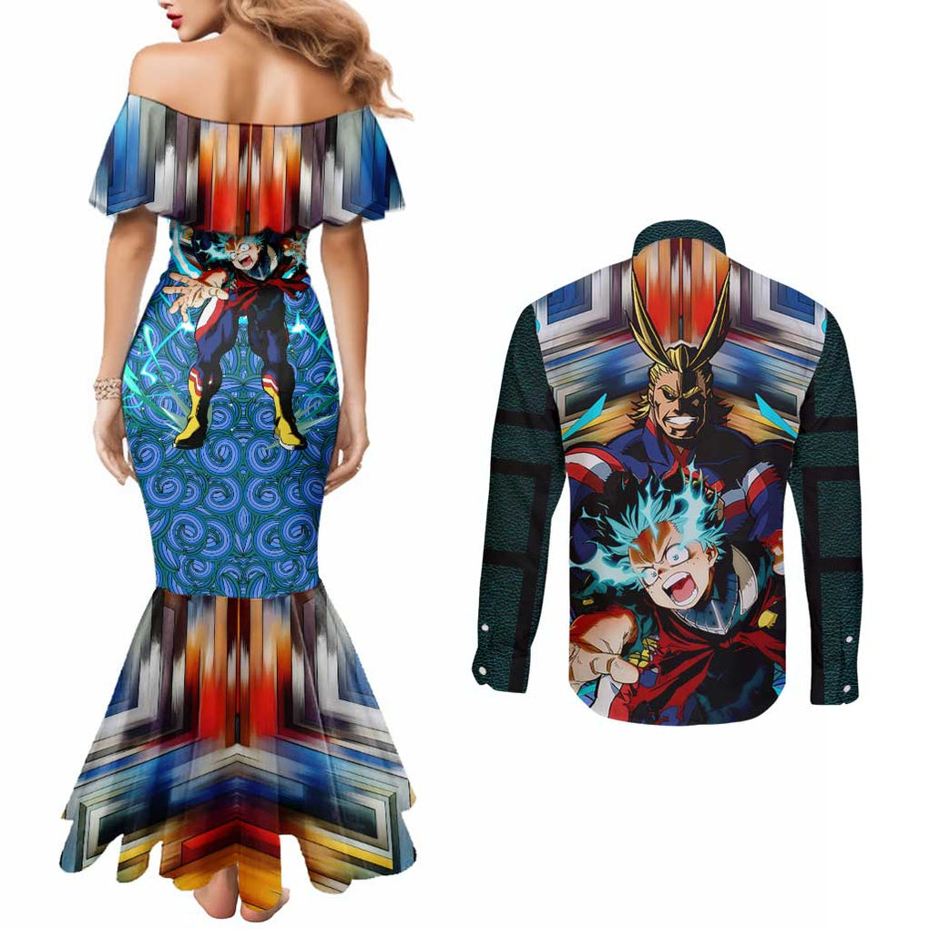 Trippy Deku x All Might My Hero Academia Couples Matching Mermaid Dress and Long Sleeve Button Shirt Trippy Style