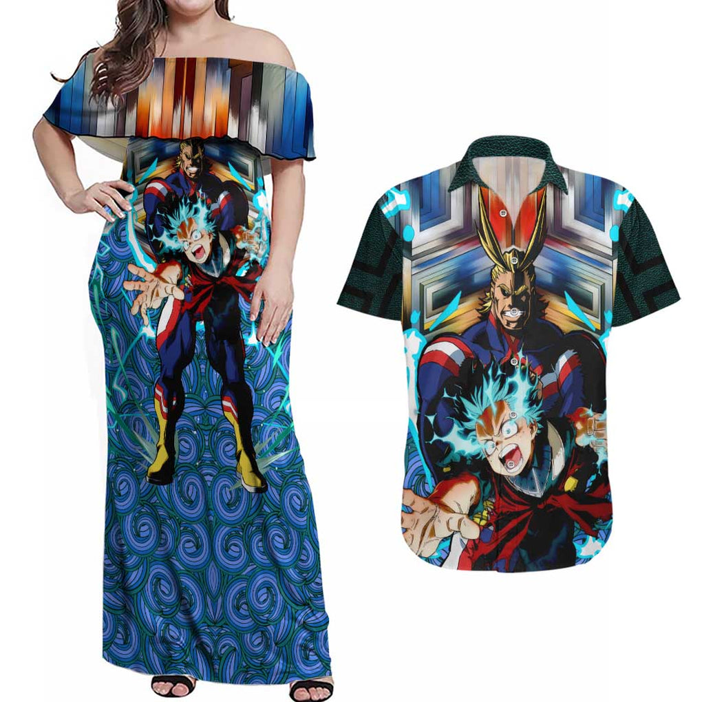 Trippy Deku x All Might My Hero Academia Couples Matching Off Shoulder Maxi Dress and Hawaiian Shirt Trippy Style
