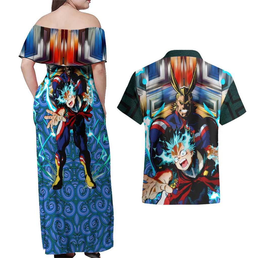 Trippy Deku x All Might My Hero Academia Couples Matching Off Shoulder Maxi Dress and Hawaiian Shirt Trippy Style