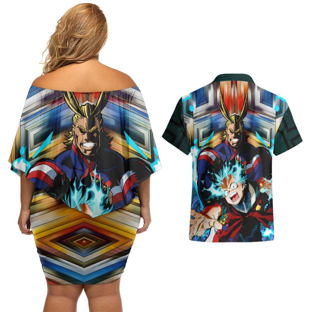 Trippy Deku x All Might My Hero Academia Couples Matching Off Shoulder Short Dress and Hawaiian Shirt Trippy Style